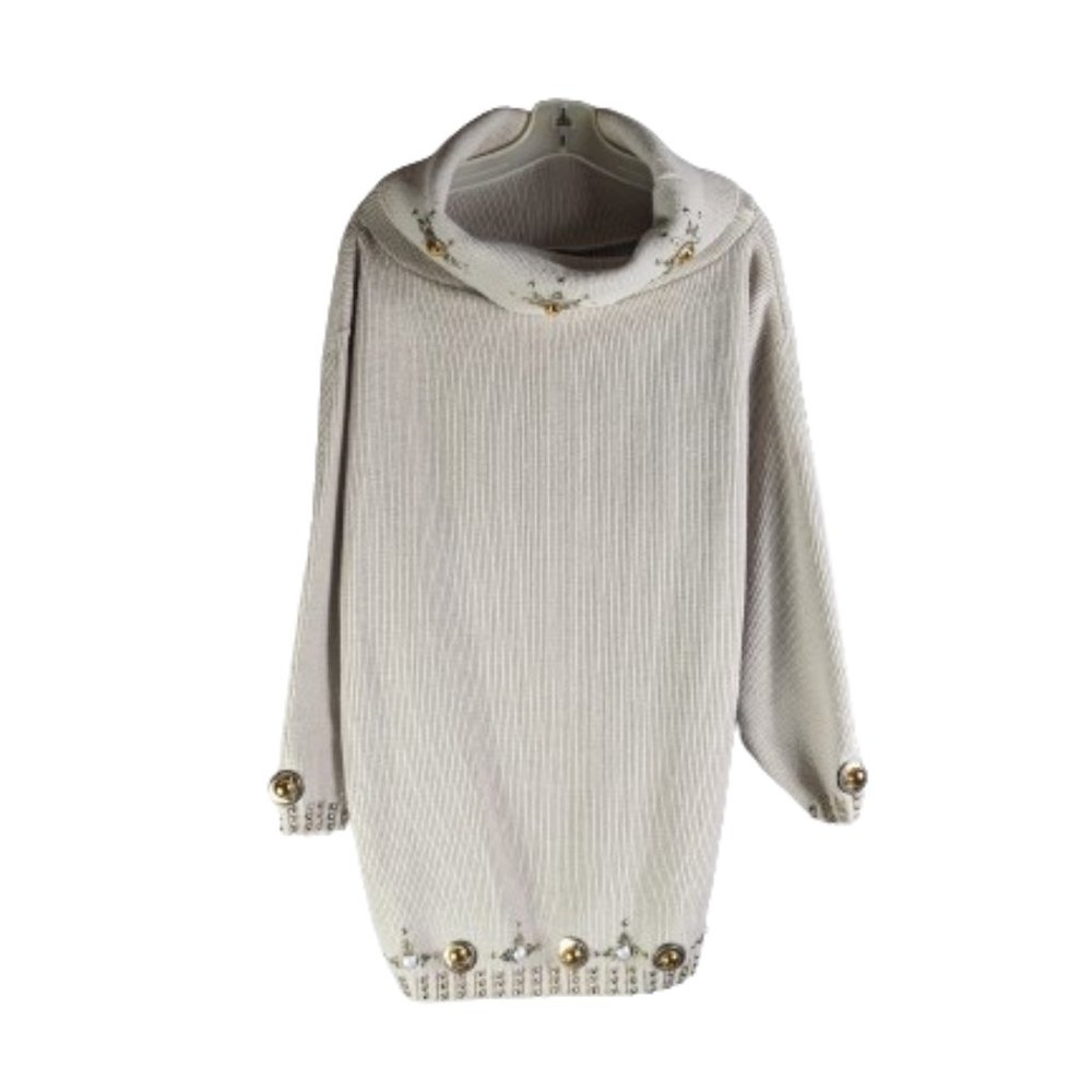 Vintage Unbranded Rhinestone Beaded Acrylic Sweater beige Cowl neck One Size